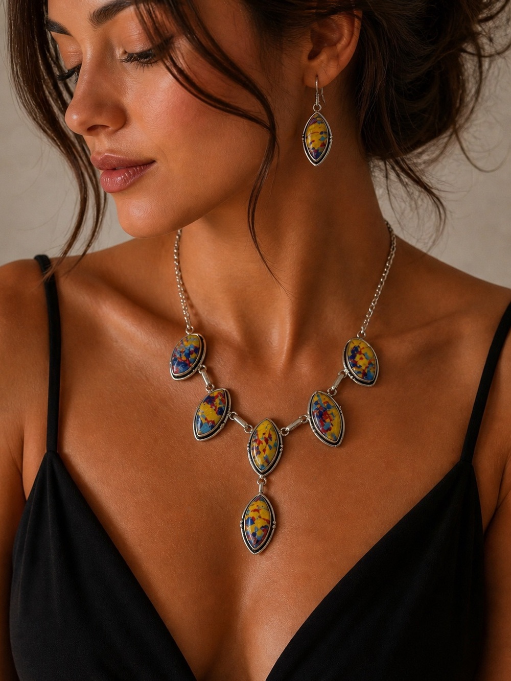 🆕 Sterling Silver Mosaic Jasper Necklace and Earring Set – Teardrop 🆕